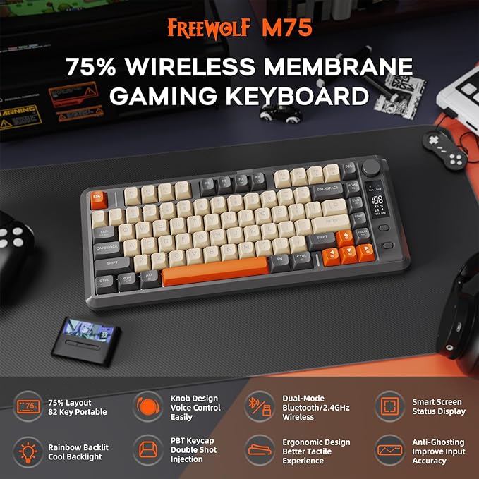 FREEWOLF M75 Wireless Gaming Keyboard Mechanical Feel Membrane with Knob & OLED Display Bluetooth/2.4Ghz Rainbow Backlit Gradient PBT Keycaps 2000mAH Battery Anti-Ghosting-Dark Grey