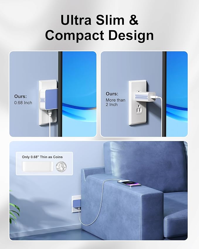Flat USB Wall Charger 4 Ports Slim 35W USB-C/A Flodable Plug Fast Charging Block for iPhone 8/9/10/11/12/13/14/15 Multiport Power Charging Adapter for ipad and Galaxy Series S8-10 Blue