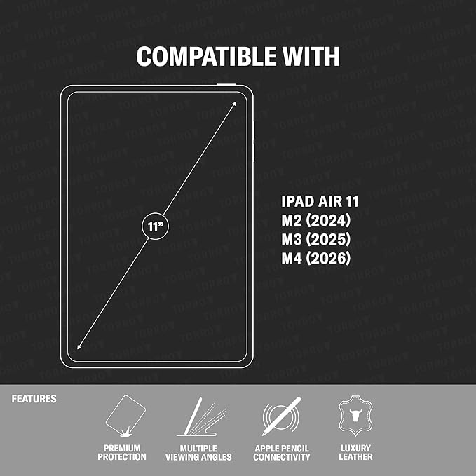 TORRO Case Compatible with iPad Air 11" M4 (2026), M3 (2025) & M2 (2024) and iPad Air 5th / 4th Gen - Leather Folio Cover, Stand, Apple Pencil Charging, Auto Wake/Sleep (Black)