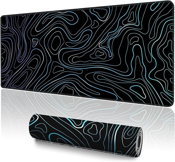 Topographic Large Mouse Pad (31.5x11.8 Inch), Aesthetic Desk Mat with Stitched Edges, Waterproof Non-Slip Keyboard Pad for Office & Home, Blue Line Art Desk Decor
