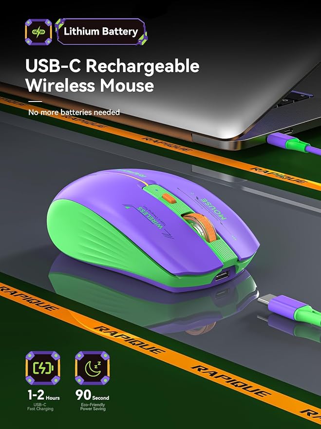 RAPIQUE Bluetooth Wireless Mouse - (BT1/BT2+USB Receiver) Dual Mode, Rechargeable, Quiet Click, Multi-Device Compatibility for Laptop, Computer, MacBook, Tablet (Purple and Green)