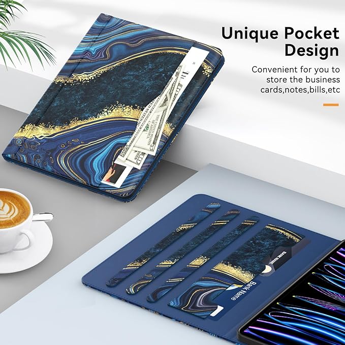 Zonefoker Case for New iPad Pro 12.9 inch 6th/5th/4th/3rd Generation 2022/2021/2020/2018, 12.9'' ipad Pro Leather Protective Cover 6/5/4/3 Gen with Pencil Holder, Auto Wake/Sleep, Marble Ocean Blue