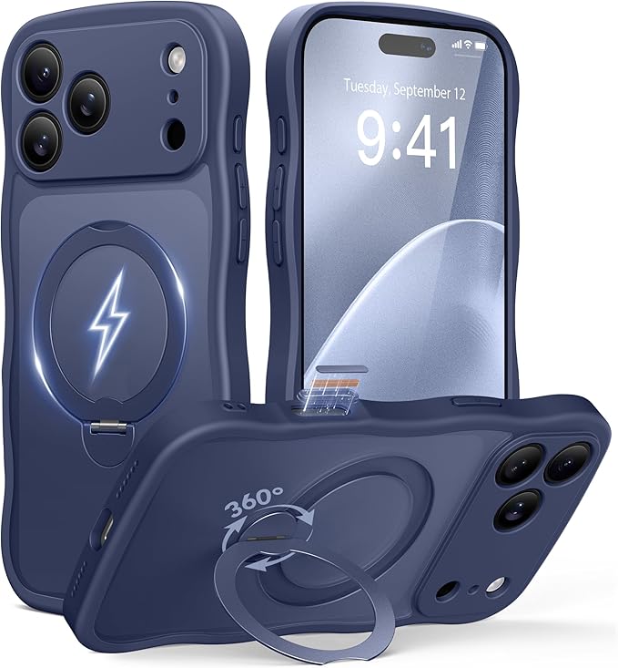 GolbinBox for iPhone 17 Pro Case for Women,[Compatible with Magsafe][360° Spin Magnetic Stand][Cute Wave Edge][Military-Grade Protection] Translucent Matte Phone Case for iPhone 17 Pro, Deep Blue