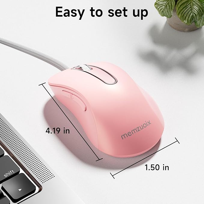 memzuoix Wired Mouse, USB Computer Mouse 1400 DPI Mobile Optical Mouse Ergonomic Design Computer Mice with 5FT Cord for Laptop, PC, Desktop, MacBook, 5 Buttons (Pink)