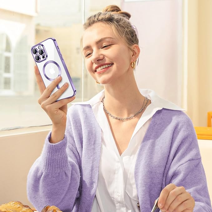 Hython Magnetic Clear for iPhone 13 Pro Case with Camera Lens Protector [Compatible with MagSafe] Luxury Plating Edge Slim Soft TPU Cover Protective Phone Case for iPhone 13 Pro 6.1", Light Purple