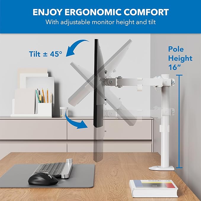 Mount-It! Single Monitor Arm 17" to 32", Full Motion Adjustment with Tilt, Rotation, Swivel, Height Adjustment Along Pole, Clamp or Grommet Mounting, Monitor Desk Mount VESA 75x75 and 100x100, White