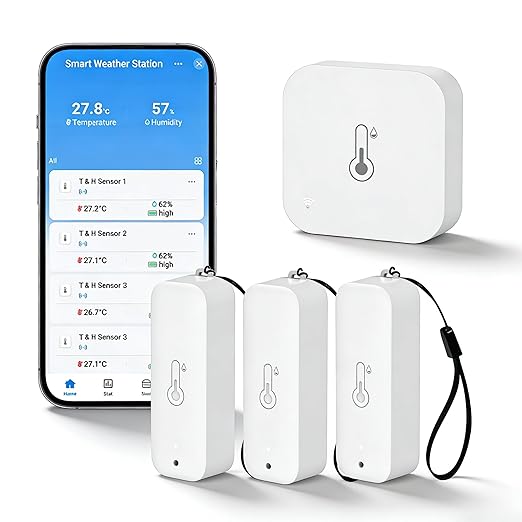 WiFi Hygrometer Thermometer Indoor Outdoor: Smart Temperature and Humidity Sensor with App Notification and Data Storage, 150m Range, Compatible with Alexa, 3 Sensors +1 Base Station