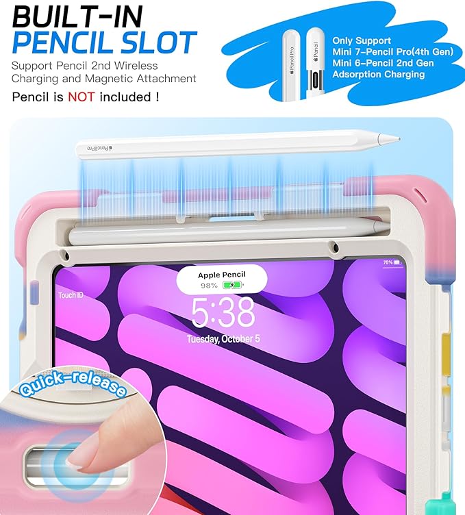 BRAECNstock Kids Case for Apple iPad mini 7 (A17 Pro) 2024/ Mini 6 8.3" Shockproof Protective iPad mini 7th/6th Gen Case with Screen Protector Pen Holder [Rotating Stand+Hand Strap], Colorful Pink
