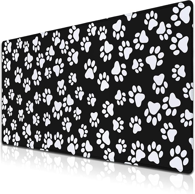 Keyboard Mousepad Black White, Big Mouse Pad Office Desk Pad Non-Slip Rubber Base Waterproof with Stitched Edges, 35.4" X 15.7" for Work/Game/Office/Home Dog Paw. Cat Footprint Dog Paw