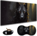 Extended Non-Slip Mouse Pad + Mouse Wrist Rest + Lace-Shaped Coaster Set, Ergonomic Design, Suitable for Desk and Home Gaming Table Mat, Black Wolf