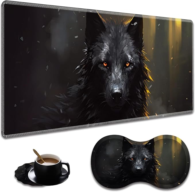 Extended Non-Slip Mouse Pad + Mouse Wrist Rest + Lace-Shaped Coaster Set, Ergonomic Design, Suitable for Desk and Home Gaming Table Mat, Black Wolf