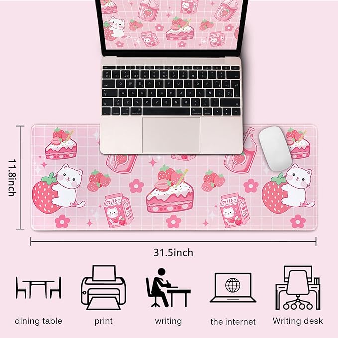 Kawaii Gaming Mouse Pad, Extended Large Cat Strawberry Milk, Pink, 31.5 X 11.8 Inch