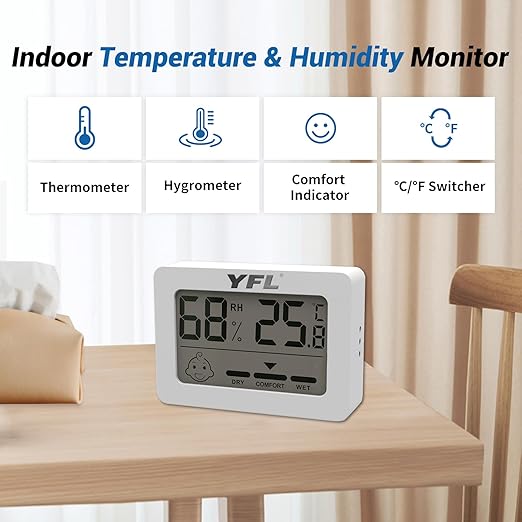 YFL Digital Hygrometer Thermometer,Indoor Thermometer with Comfort Indicator,Pratical Room Temperature Monitor Thermometer for Home, Office, Greenhouse, Cellar(White)