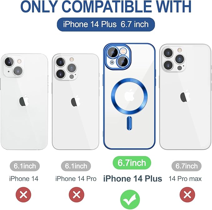 Hython Magnetic Clear for iPhone 14 Plus Case with Camera Lens Protector [Compatible with MagSafe] Luxury Plating Edge Slim Soft TPU Cover Protective Phone Case for iPhone 14 Plus 6.7", Deep Blue