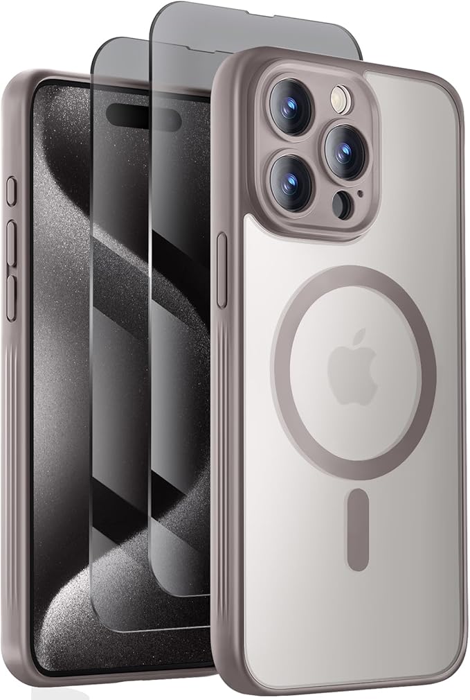 Symcele Designed for iPhone 15 Pro Case, Compatible with MagSafe, with Privacy Screen Protectors X2, [Camera Protection] [15FT Military Drop Protection] Shockpoof Phone Case, 6.1'', Natural Titanium
