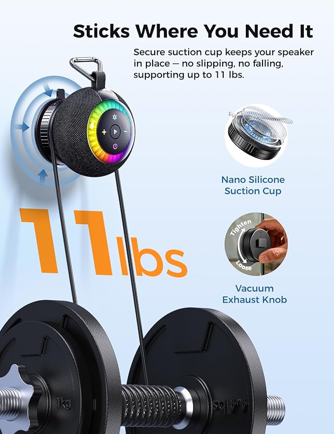 Shower Speaker Bluetooth Waterproof Portable: 360° Surround Sound, IPX7 Suction Cup Removable with Vacuum Exhaust Knob, RGB Lights, Beach/Pool/Camping/Kayak Essentials, Gifts for Mom Teens-Black