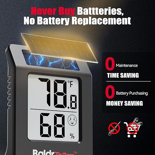 BaldrTherm Humidity Meter Hygrometer, Solar-Powered Room Thermometer Indoor Digital Temperature Sensor Monitor, 2.2''Humidity Gauge for Baby Rooms, Home, Office, 1Pack, Black