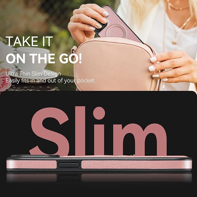 Compatible with iPhone 14 Pro Max Case with Stand, Compatible with MagSafe, Slim PU Leather & Durable TPU Protective Cover Drop-Proof with Tempered Glass Screen Protector 6.7", Rose Gold