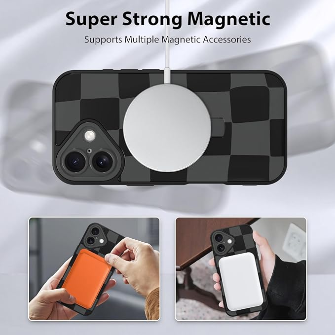 KANGHAR Compatible with iPhone 16 Case, Support for MagSafe, Silicone Checkered Cute Pattern, Wristband Kickstand Camera Protection Soft Slim Cover for Girls Women -Black