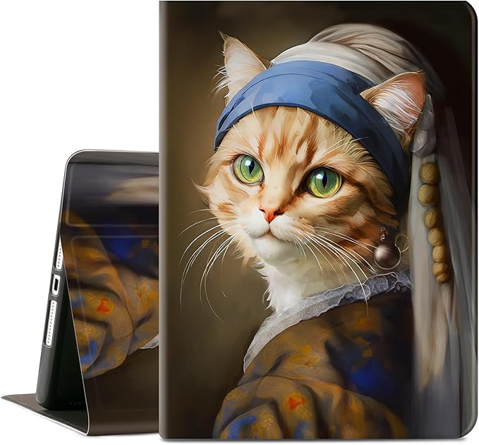 iPad 9th Generation Case, iPad 8th Generation Case, iPad 7th Generation Case, iPad case 9th Generation 10.2 inch Shockproof Multi-Angle View Adjustable Stand Auto Wake/Sleep, Cat with a Pearl Earring