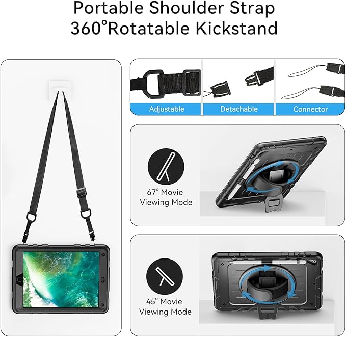 Case for iPad 6th/5th Generation 9.7'' with Screen Protector Pencil Holder [360 Rotating Hand Strap] &Stand, Drop-Proof Case for iPad 6th/5th/ Air 2/ Pro 9.7(Black)