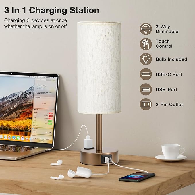 Fenmzee Brown Bedside Table Lamp for Bedroom - 3 Way Dimmable Touch Lamp USB C Charging Ports and AC Outlet, Small Lamp Round Flaxen Cream Fabric Shade for Living Room, Desk, LED Bulb Included