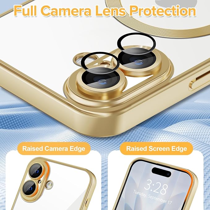 Hython Magnetic Clear for iPhone 17 Case with Camera Lens Protector [Compatible with MagSafe] Luxury Plating Edge Slim Soft TPU Cover Protective Phone Case for iPhone 17 6.3", Matte Gold