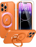 FNTCASE for iPhone 14 Pro-Max Case: [360 Spin Magnetic Stand] [Compatible with Magsafe] [Screen Protector] Translucent Matte Military Grade Shockproof Full Camera Protective Phone Cover - Orange