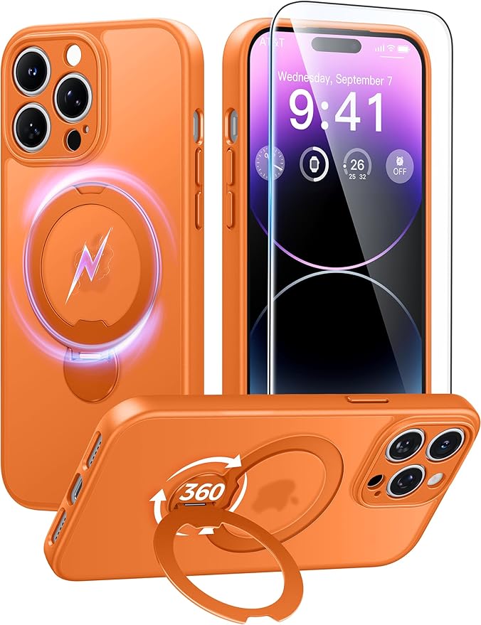 FNTCASE for iPhone 14 Pro-Max Case: [360 Spin Magnetic Stand] [Compatible with Magsafe] [Screen Protector] Translucent Matte Military Grade Shockproof Full Camera Protective Phone Cover - Orange