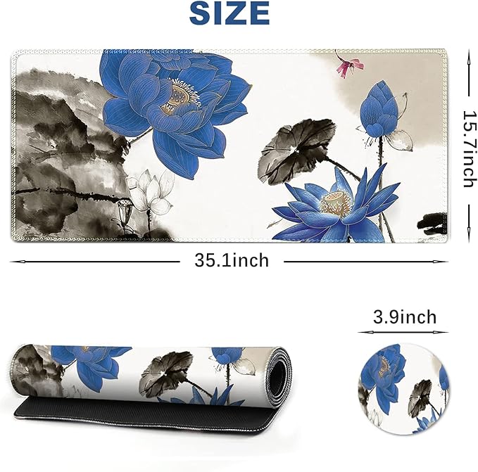ARTSO Large Gaming Mouse Pad with Stitched Edges, XXL Extended Keyboard Mat Long Mousepad Desk Decor Writing Pad 35.1x15.7 in, Non-Slip Base for Work, Game, Office, Home, Blue Lotus Ink Painting