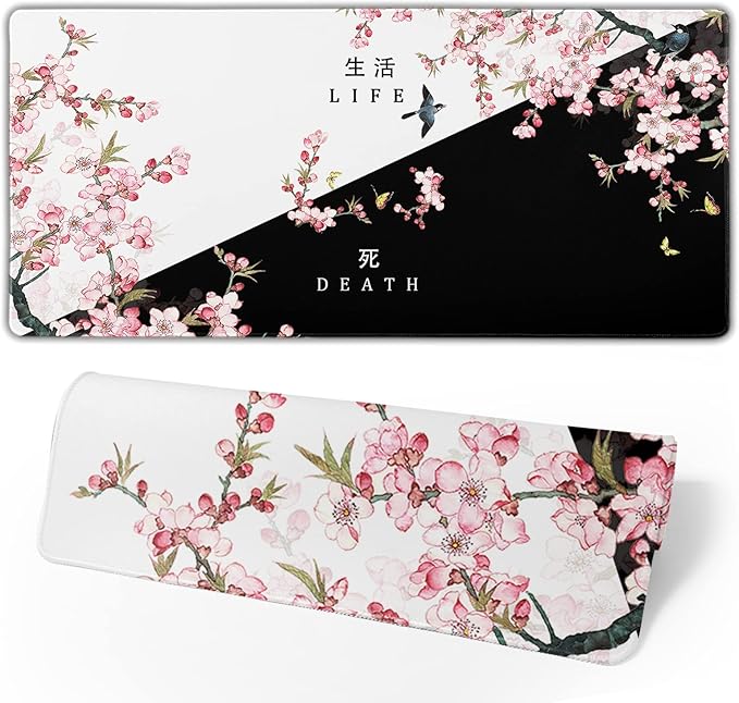 XXL Large Gaming Mouse Pad, Pink Sakura Death Life Extended Desk Pad Non-Slip Rubber Base 35.4x15.7in with Stitched Edges Waterproof Full Desk Pads Computer Gaming Mousepads for Work/Game/Office
