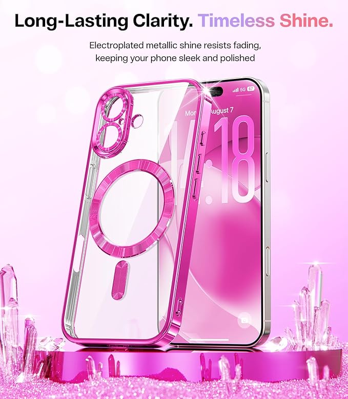 Meifigno Designed for iPhone 17 Case, [Glitter Card & Wrist Strap] [Compatible with MagSafe] [1HD+1X Privacy Screen Protectors] Surround Raised Lens Protection for iPhone 17 Case 6.3 Inch, Hot Pink