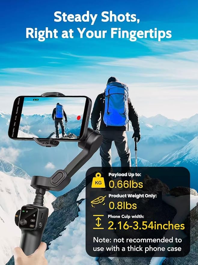 AOCHUAN 3-axis Gimbal Stabilizer for iPhone w/Built-in 7.8' Extension Rod, Smartphone Gimbal w/AI Tracking, Portable Phone Holder for iPhone & Android w/Full-Screen OLED Display, Smart V8(Black)