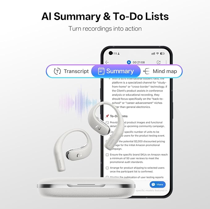 OpenNote Professional AI Note Taker Earbuds, MFi Certified Open-Ear Voice Recorder, 53H Battery, Instant Call & Meeting Recording, Live Transcription & AI Summary, IP55, Gray