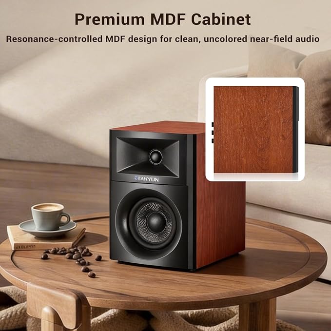 Sanyun SW203 2.0 Desktop Computer Speakers - Near-Field 3D Stereo with Vertical Imaging - 60W Triple-DSP Dual Independent Drive - 24bit USB-C DAC Bluetooth 5.4 AUX, HiFi PC Gaming (Pair, Cherry)