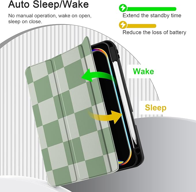 MEEgoodo Case for M5 iPad Pro 11 inch 2025/M4 iPad Pro 11 inch Case 2024, Tablet Cover with Trifold Stand & Pencil Holder & Auto Wake/Sleep & Soft TPU Back Cover, Green Checkered
