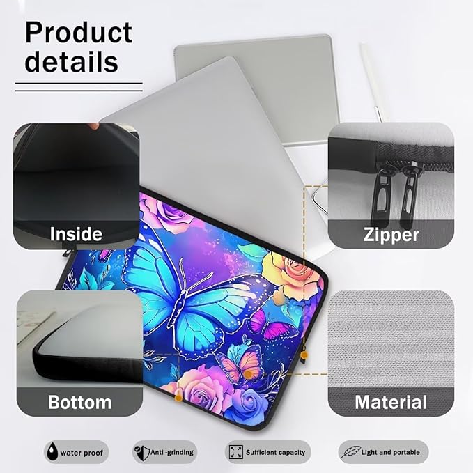 Butterfly Computer Sleeve for Women Laptop Sleeve 13inch Neoprene Lap Top Case with Padded Compartment Computer Carrying Case Purple Rose Laptop Sleeve Bag
