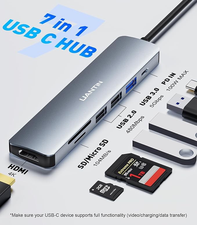 UANTIN USB C Hub 7 in 1 Multiport Adapter with 4K HDMI Dongle, 100W PD, SD/TF Card Reader, 3 USB-A, USBC Docking Station for MacBook Mac Pro/Air, Dell, HP, ASUS, Acer and Other Type C Laptops