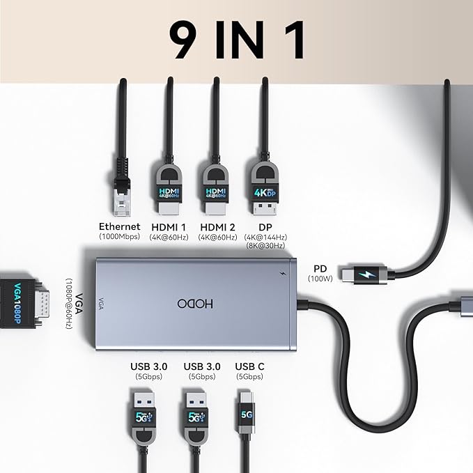 USB C Docking Station Dual Monitor Dock for Dell HP, Laptop Docking Station 3 Monitor Quad Monitors USB C Hub Dongle to 2 HDMI,DP,VGA,3 USB,PD,100W PD,Ethernet, 9 in 1 Thunderbolt Adapter for Surface