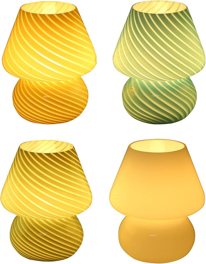 BSOD Mushroom Lamp,Vintage Glass Mushroom Bedside Table Lamps Yellow Murano Style Small Nightstand Desklamp Swirl Light for Home Decor, Dining, Living, Bedroom, Gift (Bright Yellow)