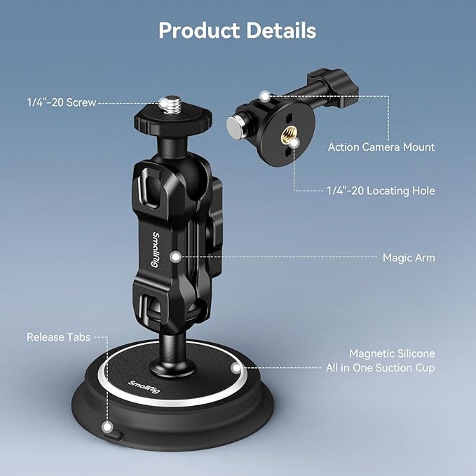 SMALLRIG Magnetic Mount for GoPro Hero 13/12/11, Powerful Camera Car Mount Outside with 360° Rotation Ball Head Magic Arm, for DJI OSMO 360/Nano/Action 6/5 Pro/4, for Insta360 X5/X4/X3/Ace Pro 2
