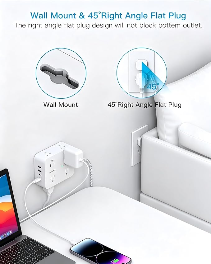 HANYCONY 10 Ft Braided Extension Cord with Ultra-Thin Flat Plug, 8 Widely Spaced Outlets & 4 USB Ports (2 USB C), 1080J Surge Protector Power Strip for Home Office, Dorm Room Essentials, Wall Mount