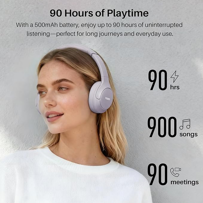 TOZO HT3 Hybrid Noise Cancelling Headphones, 90H Battery Life Wireless Over Ear Bluetooth 6.0 Foldable Headset, AI Voice Assistant with 5 Mics, Connect 2 Devices and Hi-Res Sound, 32 EQ Audio Presets