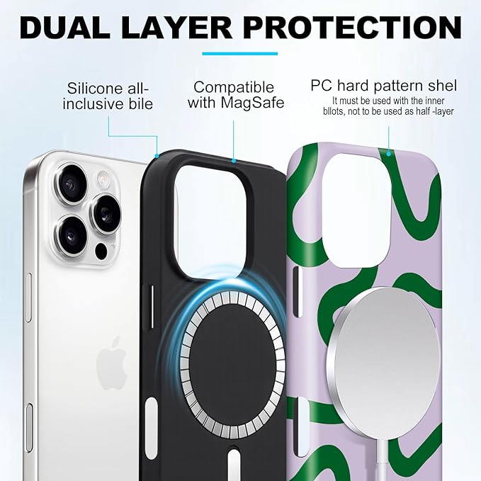 Magnetic for iPhone 13 Pro Max Case Cute Curved Stripes Phone Case, Shockproof Slim TPU and Hard PC Protective Phone Cover Compatible with MagSafe Designed for Women Girls,Green