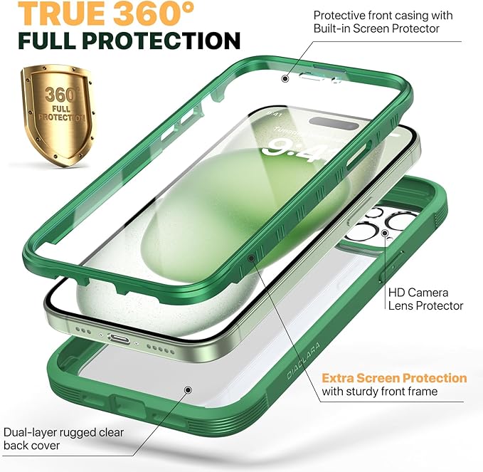 Diaclara Designed for iPhone 15 Case, Full Body Rugged Case with Built-in Touch Sensitive Anti-Scratch Screen Protector, with Camera Lens Protector for iPhone 15 6.1" (Green)