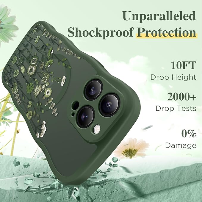 GVIEWIN for iPhone 15 Pro Max Case Compatible with MagSafe [Curly Wave Edge][Full Camera Protection]Floral Translucent Shockproof Magnetic Women Phone Case for 15 Pro Max 6.7'',Floratopia/Forest Green