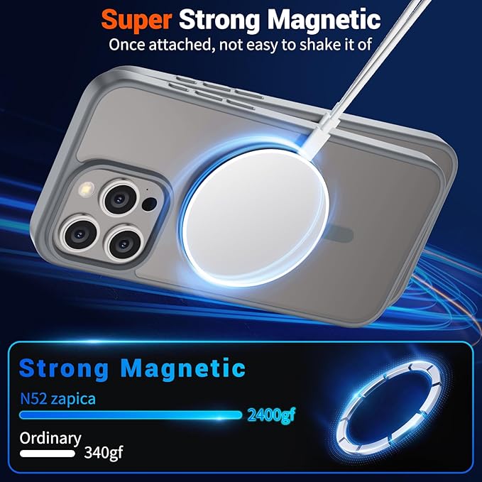 SUPFINE Magnetic for iPhone 15 Pro Max Case (Compatible with MagSafe) (Military Grade Drop Protection) Slim Translucent Matte Shockproof with Anti-Fingerprint Phone Case, Gray