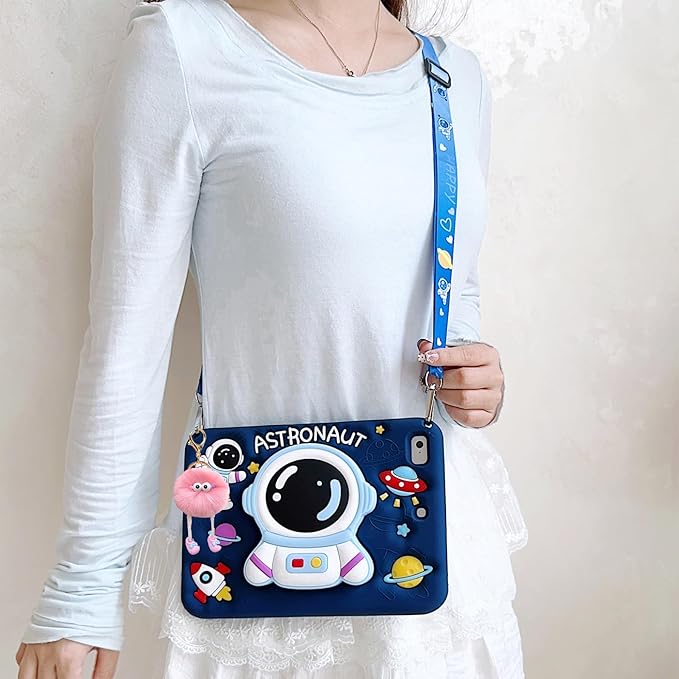 3D Cute Astronaut Case for iPad 10th Gen (2022) 10.9 inch/iPad (A16) 11th 2025 11 inch,Cartoon Pretty Space Astronaut Soft Silicone Foldable Stand Case with Lanyard for Kids Teens Girl Women