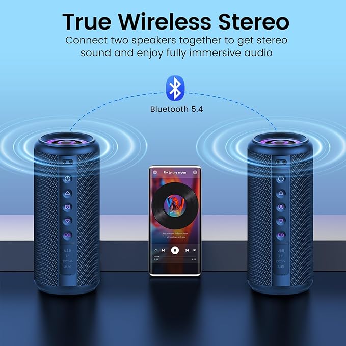 Portable Bluetooth Speaker, 2026 Bluetooth 5.4 Wireless Speaker with 20W HD Loud Stereo Sound, TWS Pairing, 20H playtime, RGB Lights, IP7, Built-in Mic, for Outdoor, Home, Beach, Party, Gift, Blue