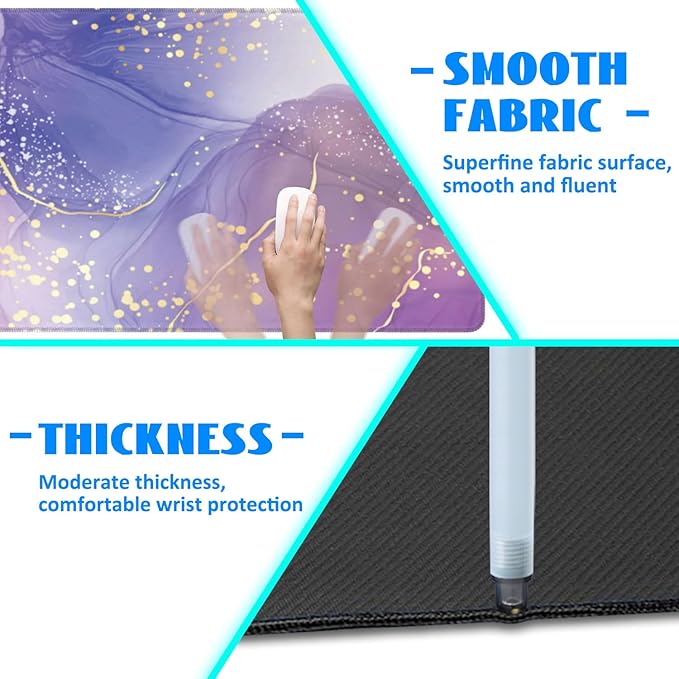Desk Mat, Purple Rose and Lavender Liquid Marble Extended Gaming Mouse Pad Large, 31.5"x11.8" Big Mouse Pad with Non-Slip Base and Stitched Edge, Long Computer Keyboard Mouse Mat for Home Office Work